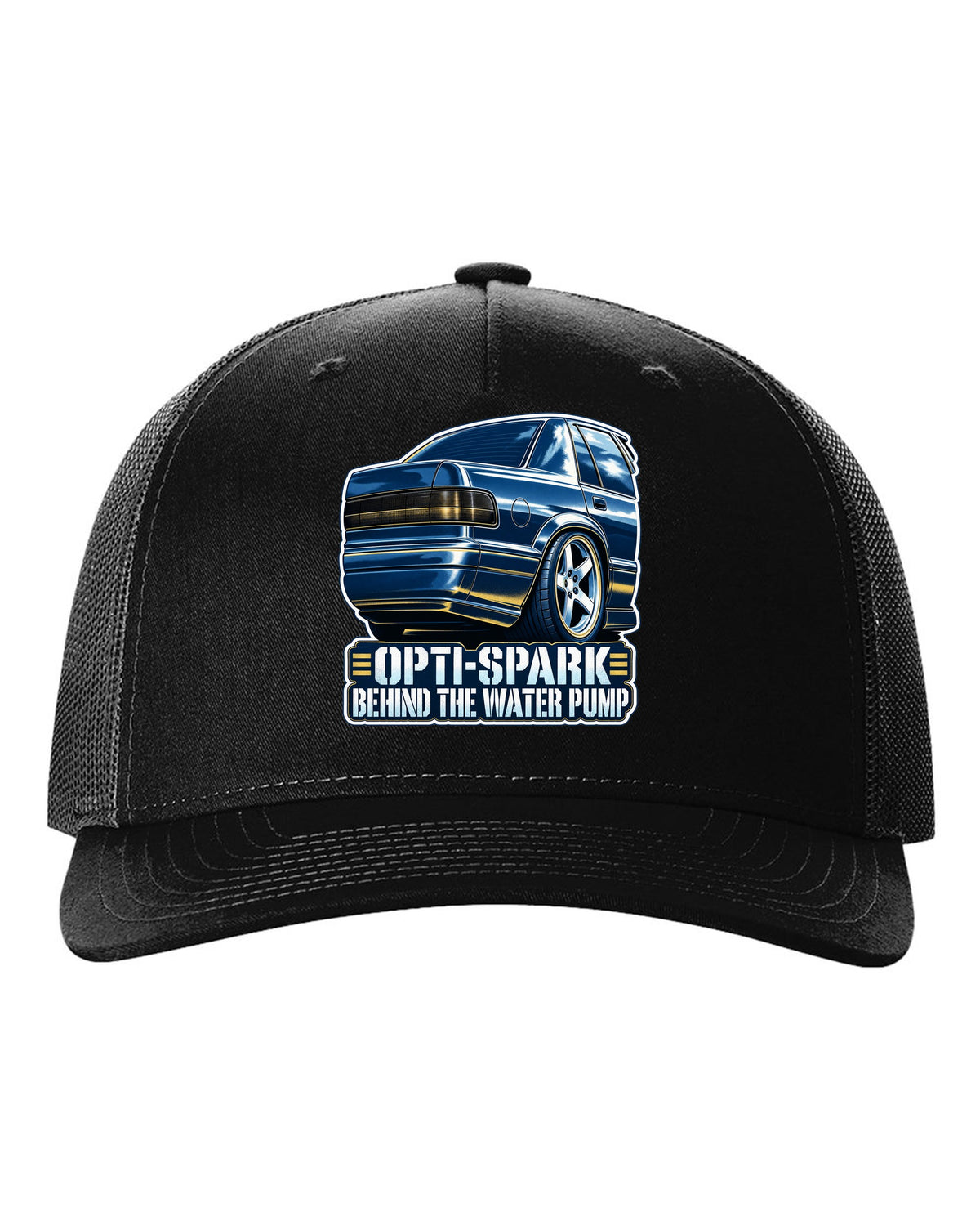 Blue cyanotype print of a 1994-96 Chevrolet Impala SS LT1 wheel with the text Opti-Spark Behind the Water Pump black hat front view with the design