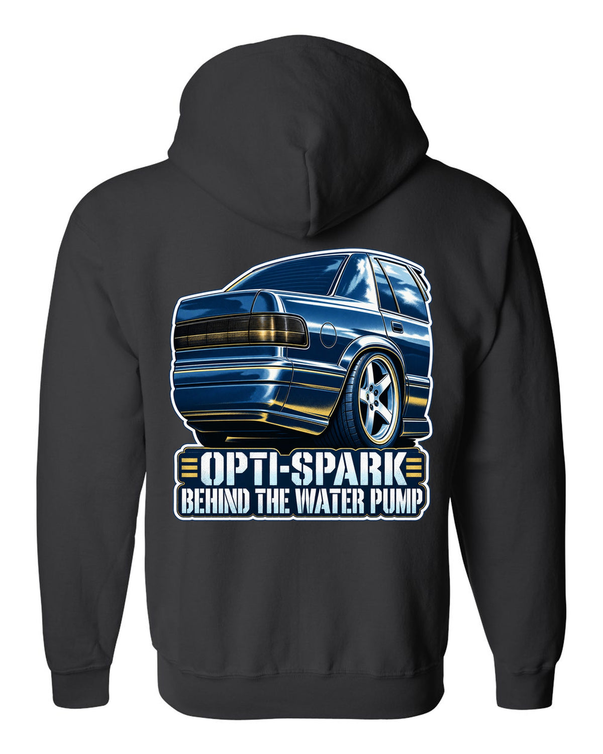 Blue cyanotype print of a 1994-96 Chevrolet Impala SS LT1 wheel with the text Opti-Spark Behind the Water Pump black zip hoodie back view with the design