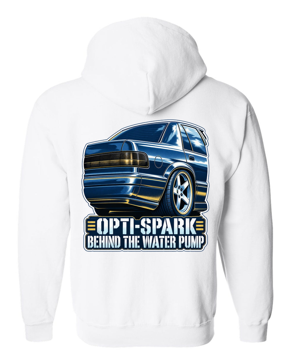 Blue cyanotype print of a 1994-96 Chevrolet Impala SS LT1 wheel with the text Opti-Spark Behind the Water Pump white zip hoodie back view with the design