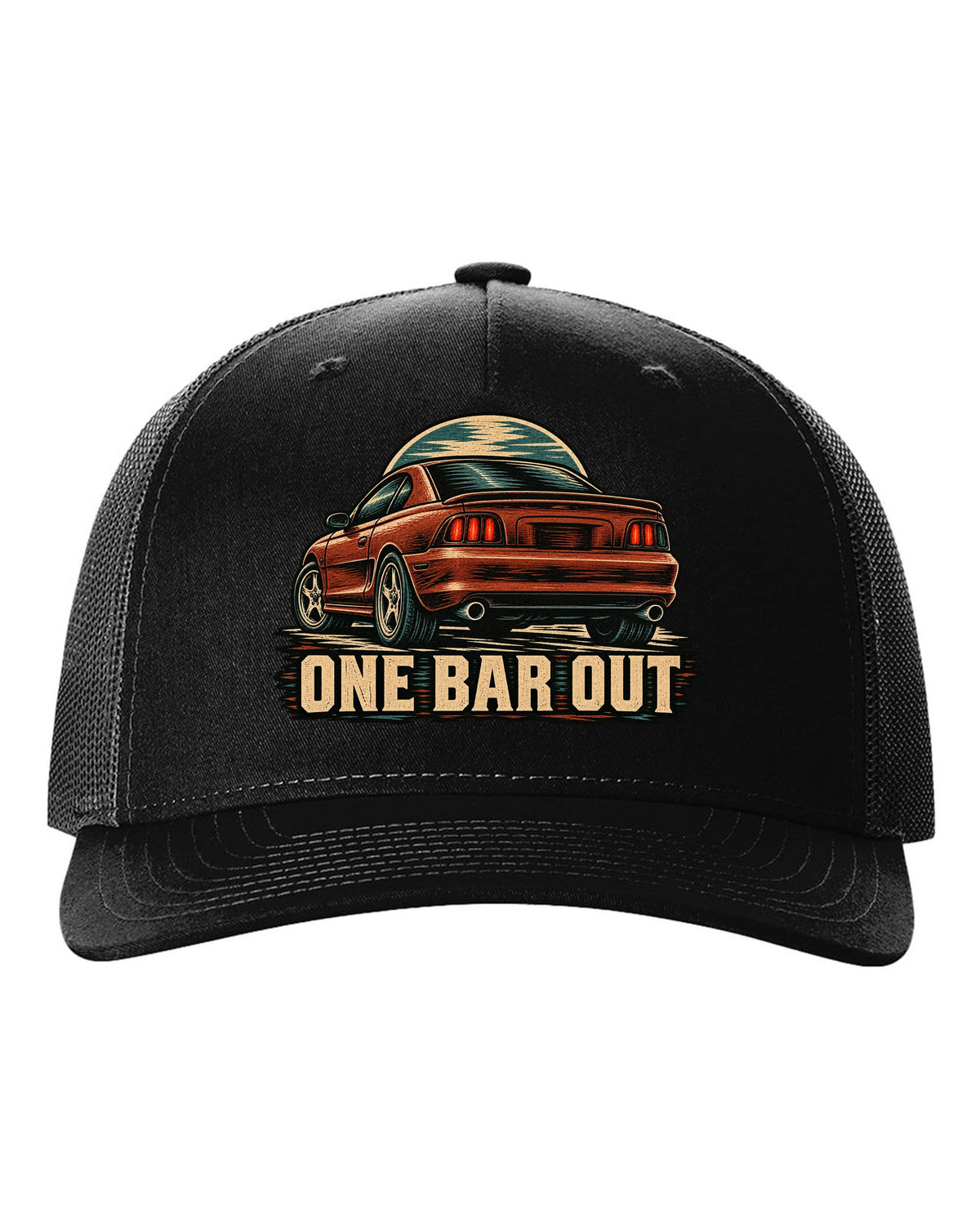Linocut woodcut print of a 1994-98 SN95 Mustang coupe with One Bar Out text black hat front view with the design