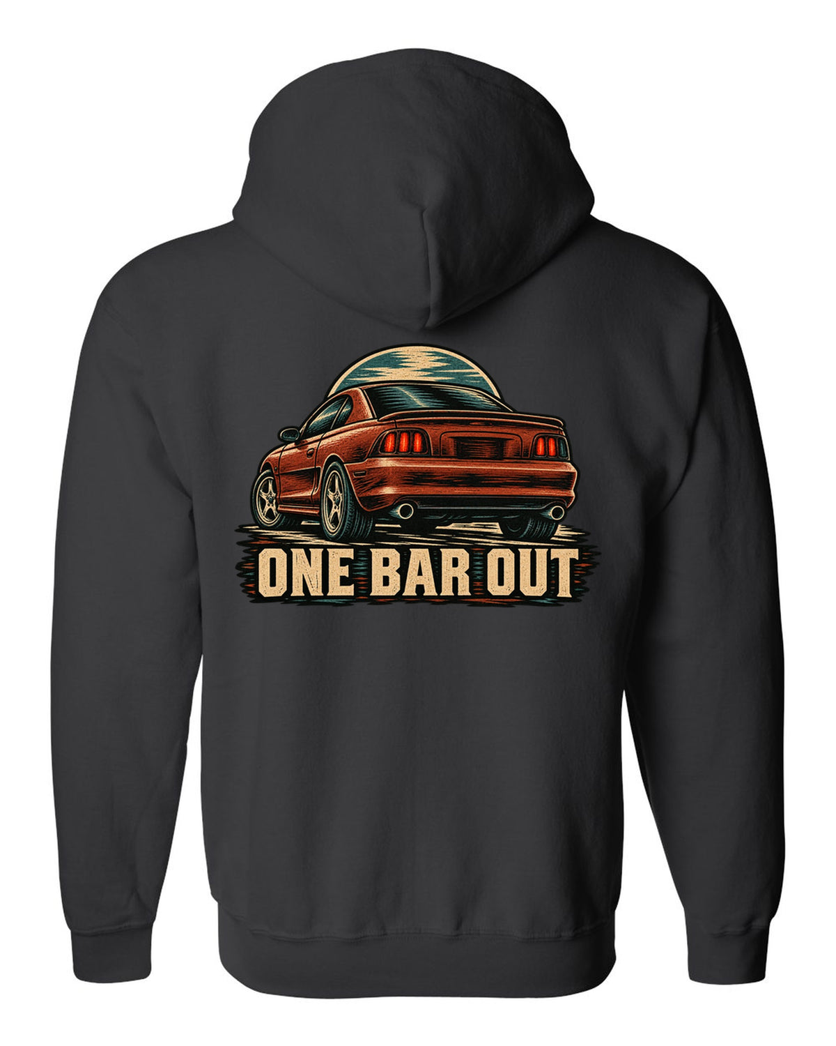 Linocut woodcut print of a 1994-98 SN95 Mustang coupe with One Bar Out text black zip hoodie back view with the design
