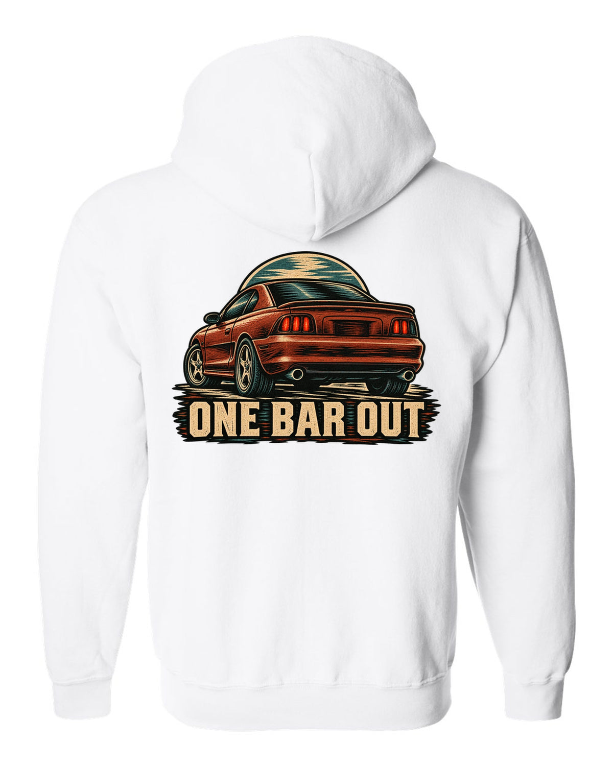 Linocut woodcut print of a 1994-98 SN95 Mustang coupe with One Bar Out text white zip hoodie back view with the design