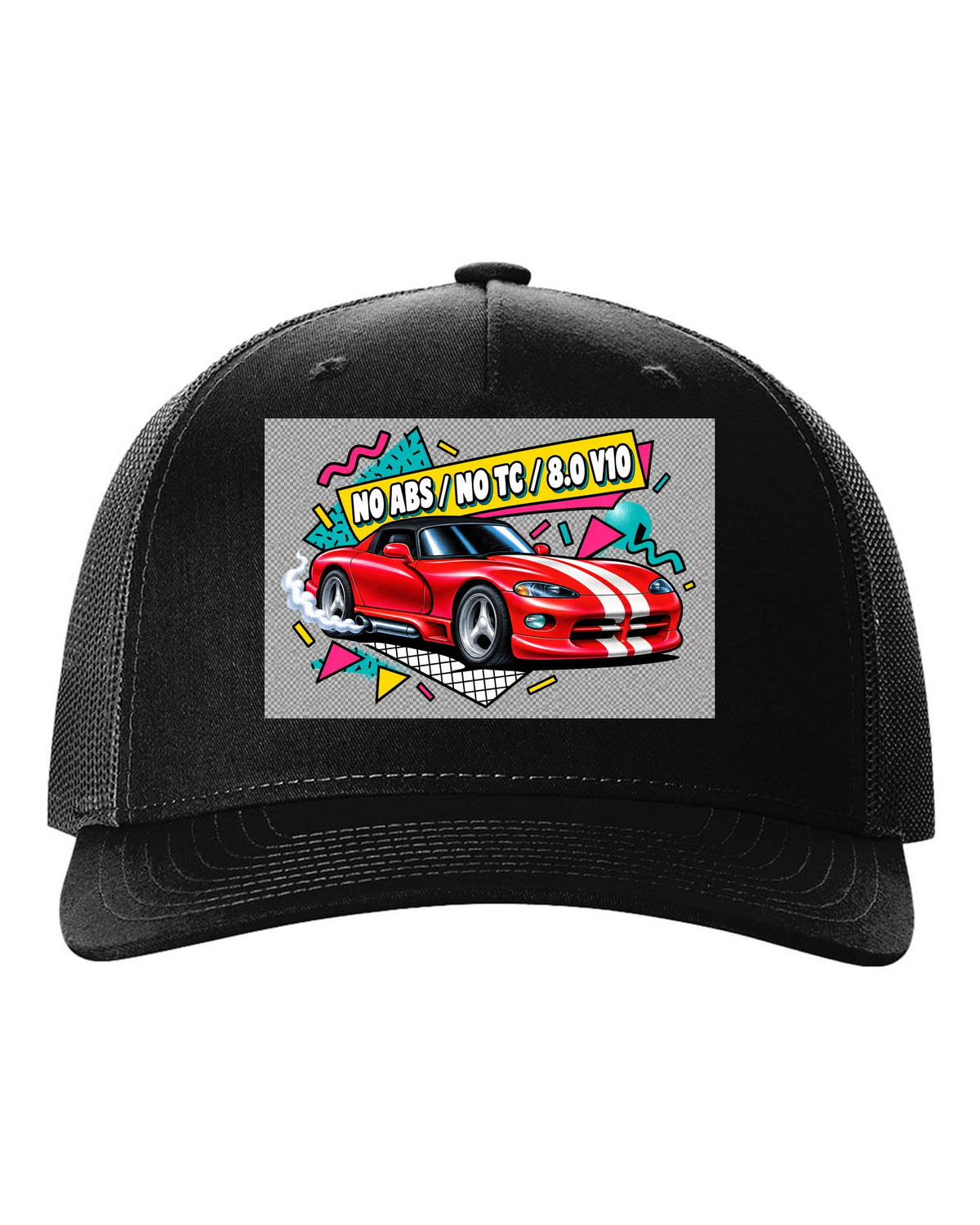 Airbrushed 90s Memphis grid design of a 1994 Dodge Viper RT/10 SR I black hat front view with the design