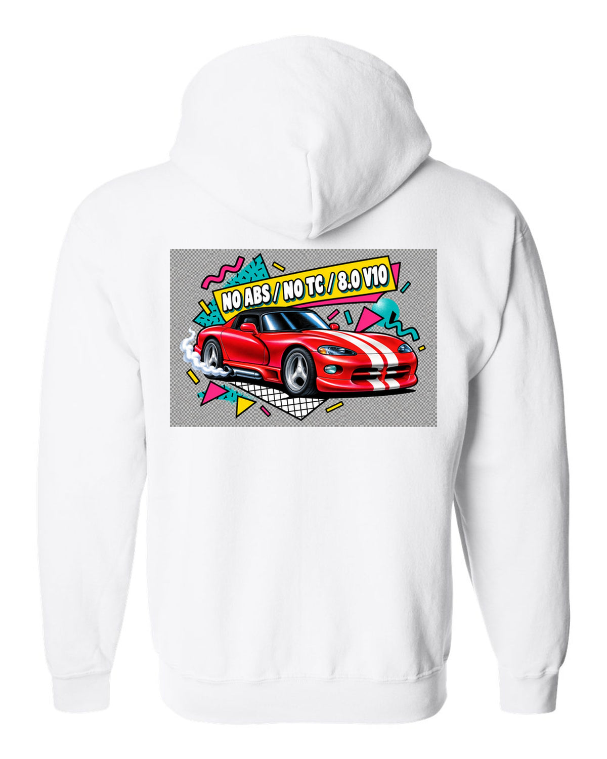 Airbrushed 90s Memphis grid design of a 1994 Dodge Viper RT/10 SR I white zip hoodie back view with the design