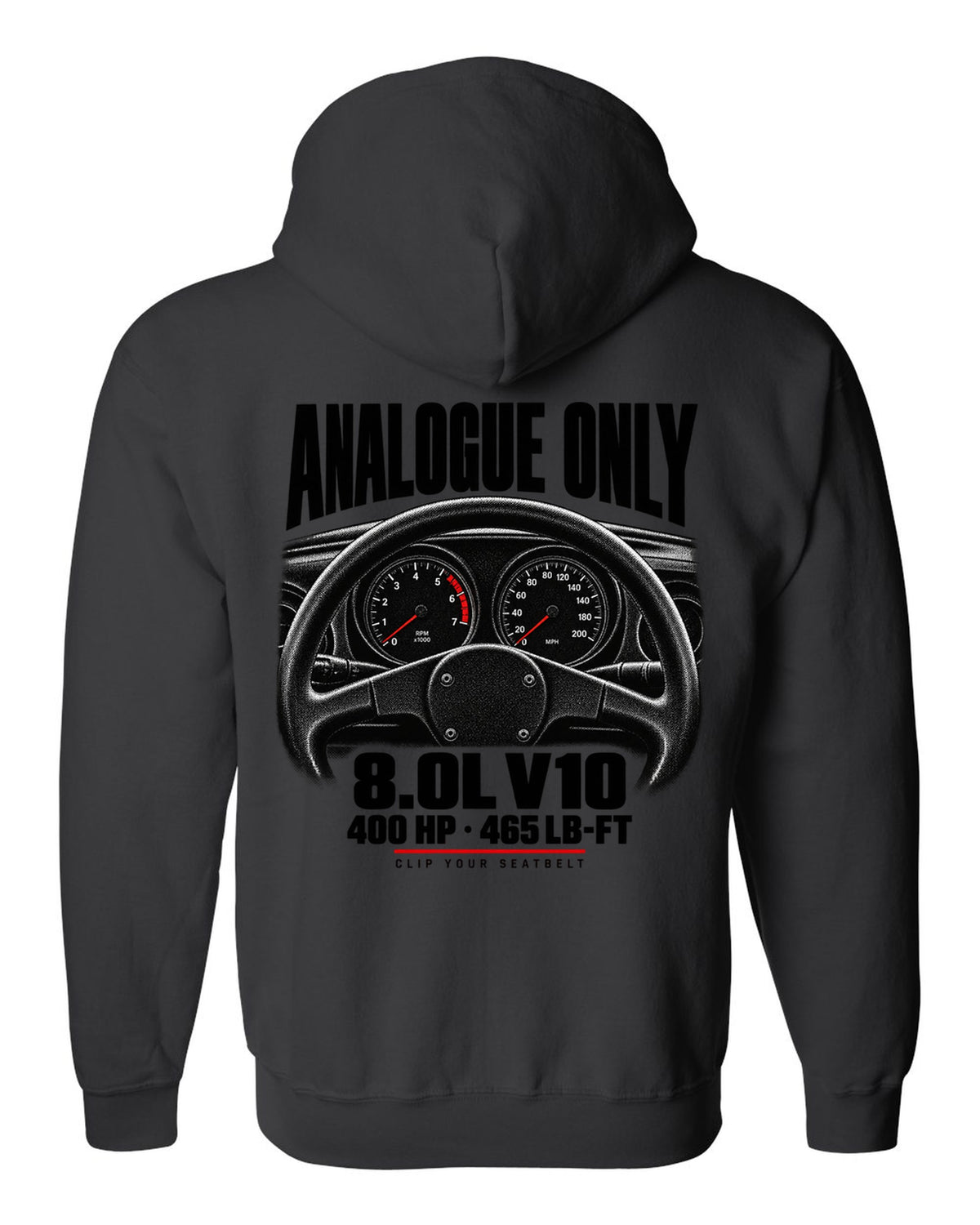 Cockpit gauge print of a 1994 Dodge Viper RT/10 SR I with analogue only and 8.0L V10 text black zip hoodie back view with the design