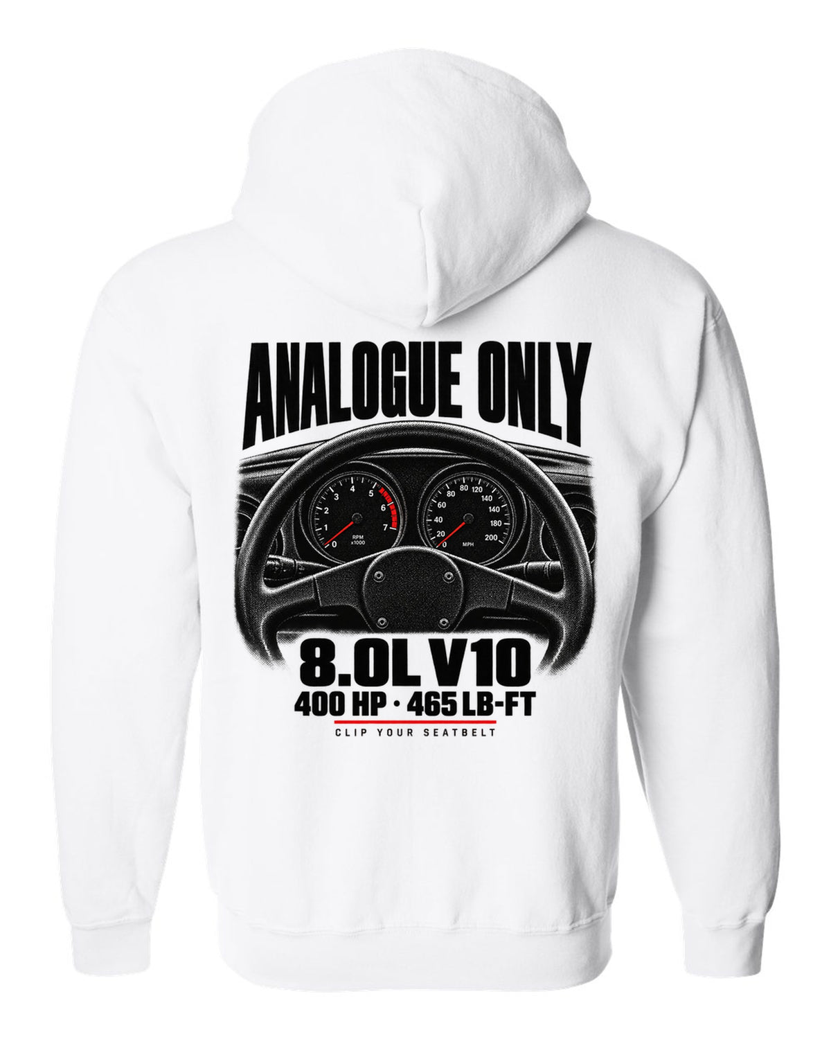 Cockpit gauge print of a 1994 Dodge Viper RT/10 SR I with analogue only and 8.0L V10 text white zip hoodie back view with the design