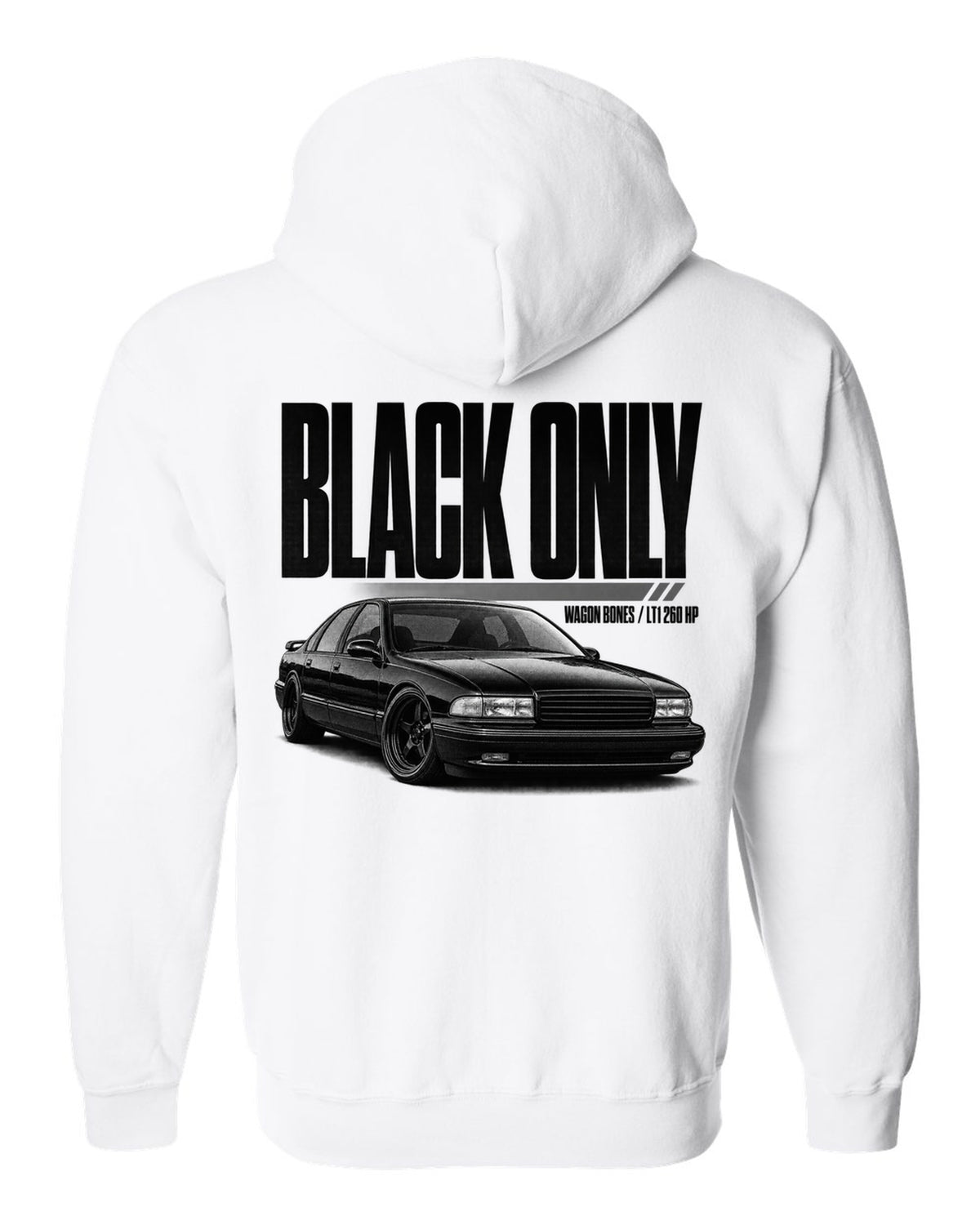 1994 Impala SS front three-quarter halftone print with LT1 text white zip hoodie back view with the design