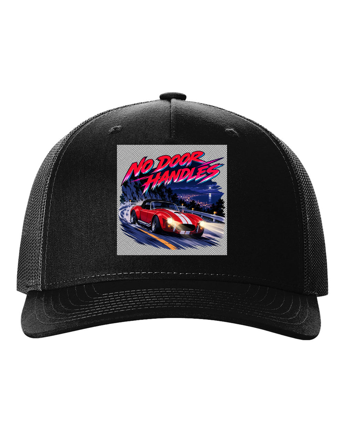 Cel-shaded anime night touge scene with a 1995 Dodge Viper RT/10 SR I and no door handles caption black hat front view with the design