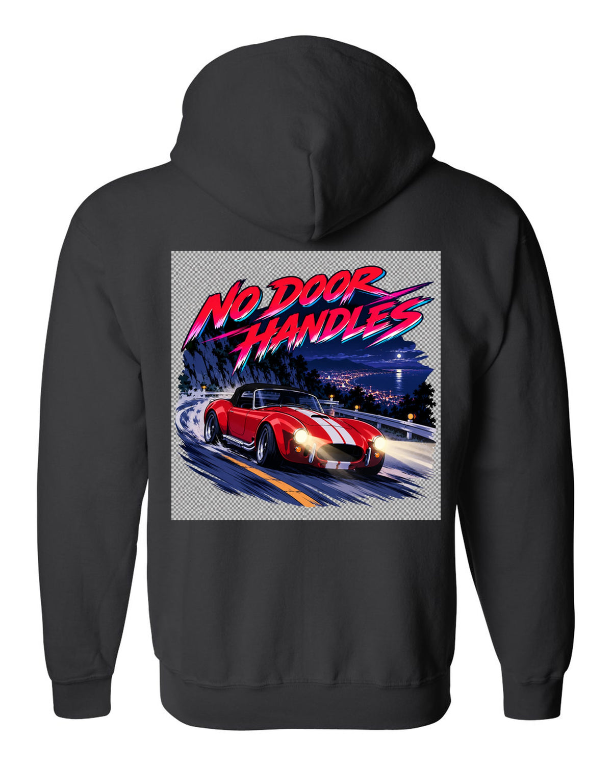 Cel-shaded anime night touge scene with a 1995 Dodge Viper RT/10 SR I and no door handles caption black zip hoodie back view with the design