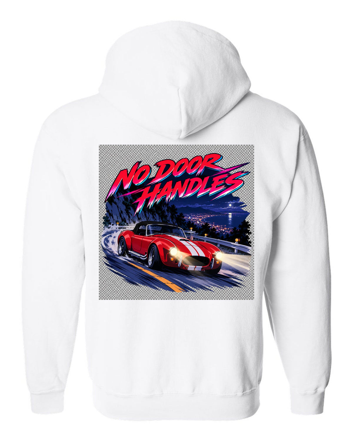 Cel-shaded anime night touge scene with a 1995 Dodge Viper RT/10 SR I and no door handles caption white zip hoodie back view with the design