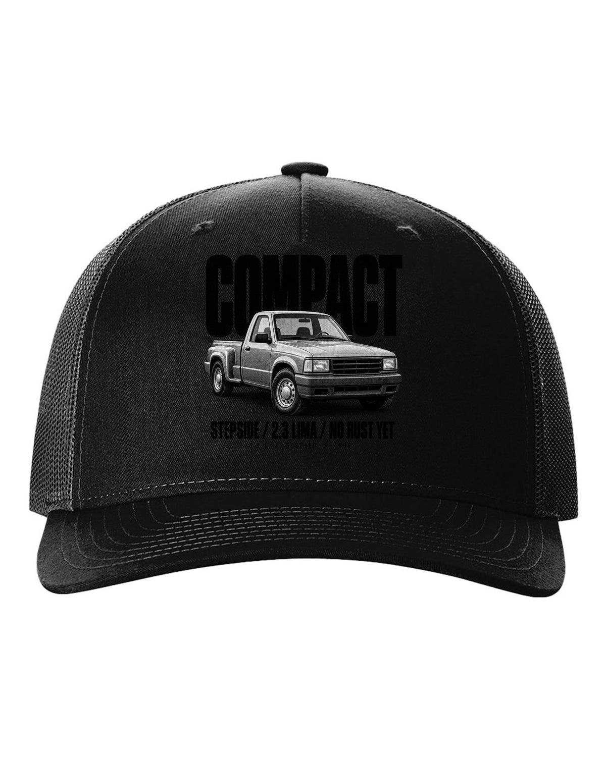 Ford Ranger 1995 stepside halftone print with compact, 2.3 Lima, no rust yet text black hat front view with the design