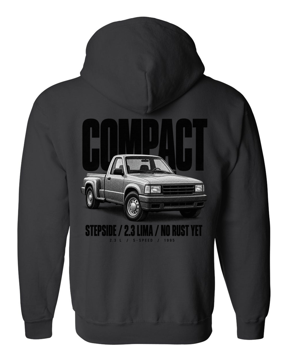 Ford Ranger 1995 stepside halftone print with compact, 2.3 Lima, no rust yet text black zip hoodie back view with the design