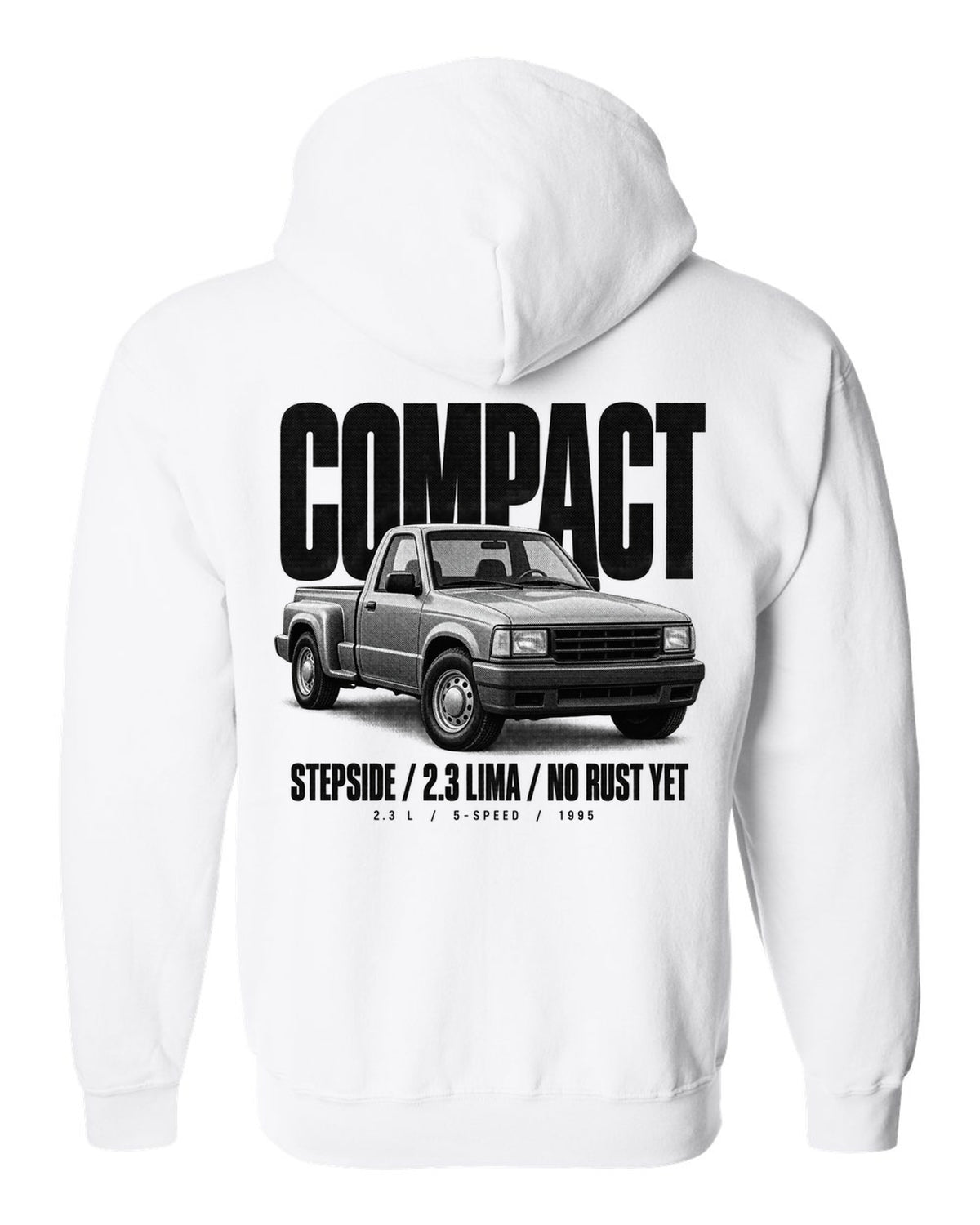 Ford Ranger 1995 stepside halftone print with compact, 2.3 Lima, no rust yet text white zip hoodie back view with the design
