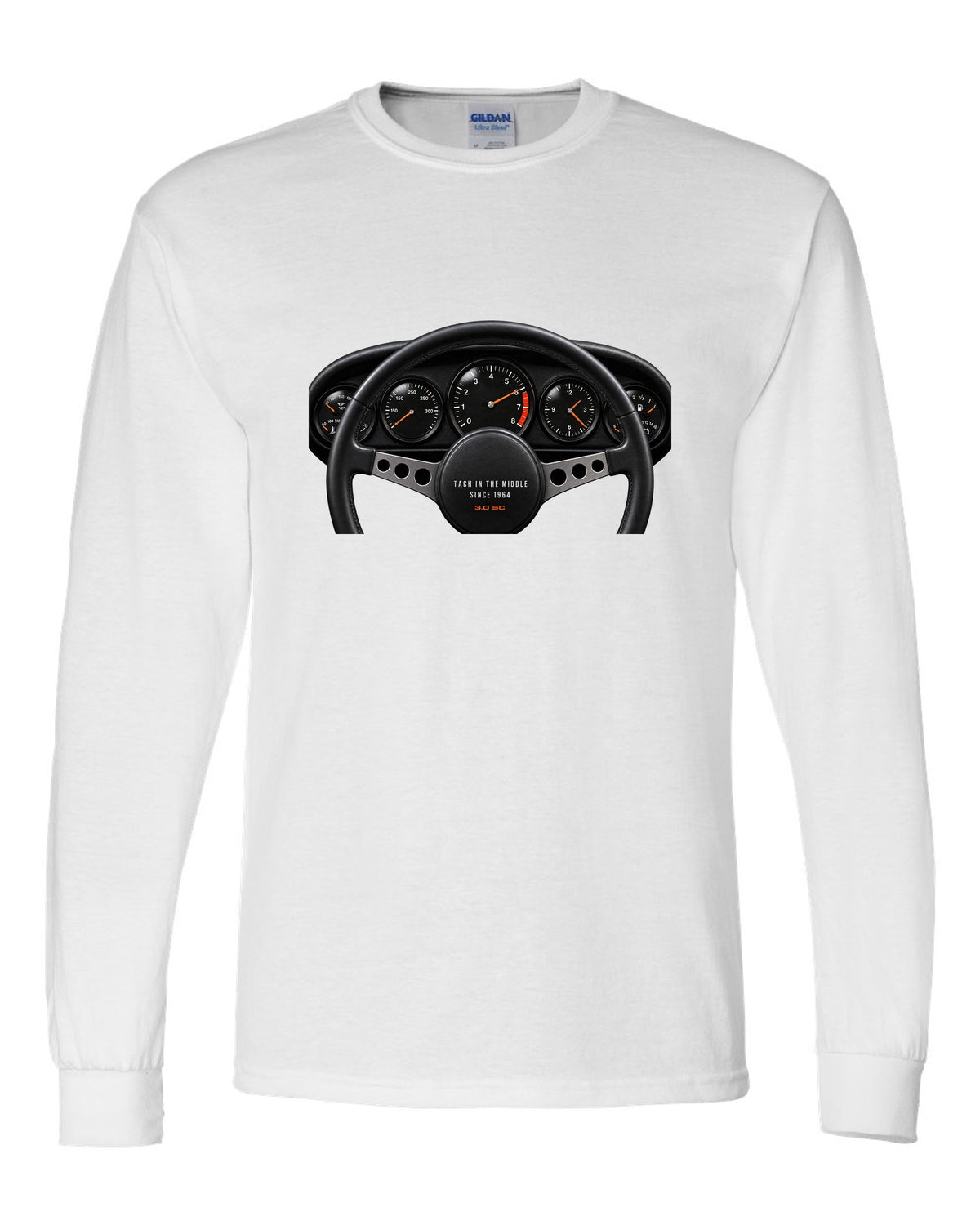 Cockpit gauge print of a Porsche 911 SC Targa with centre tachometer and the line Tach In The Middle Since 1964 white long sleeve front view with the design