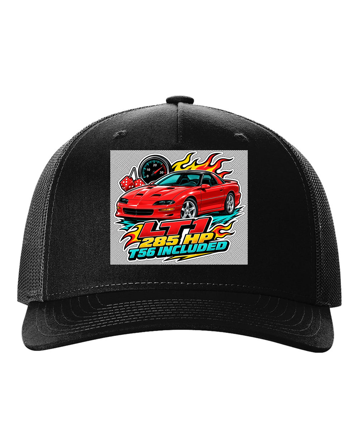 1996 Chevrolet Camaro Z28 LT1 sticker-bomb collage print with 285 HP T56 text black hat front view with the design