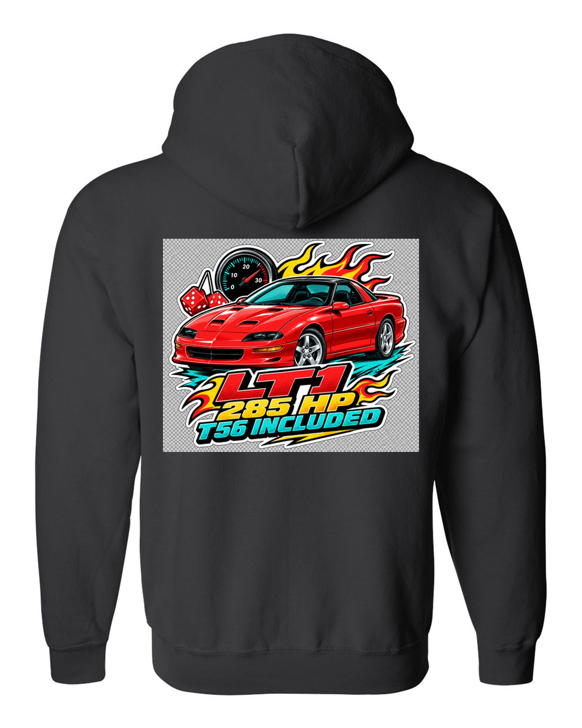 1996 Chevrolet Camaro Z28 LT1 sticker-bomb collage print with 285 HP T56 text black zip hoodie back view with the design