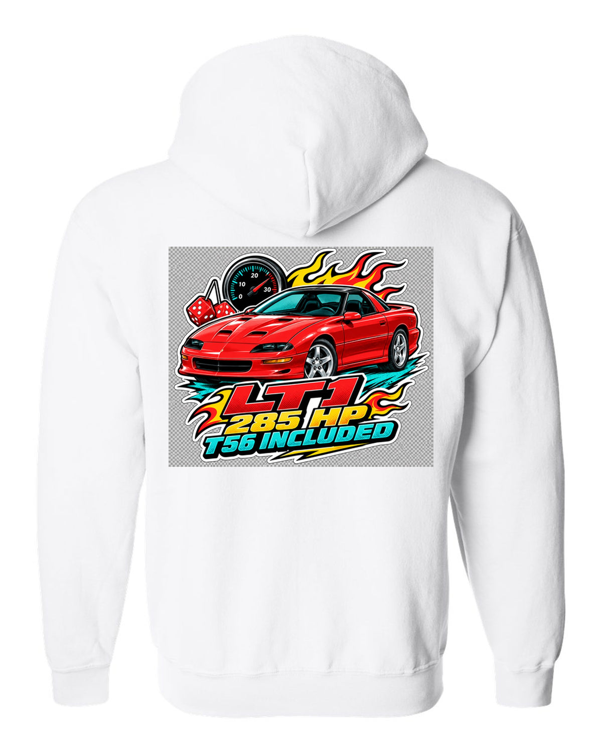 1996 Chevrolet Camaro Z28 LT1 sticker-bomb collage print with 285 HP T56 text white zip hoodie back view with the design