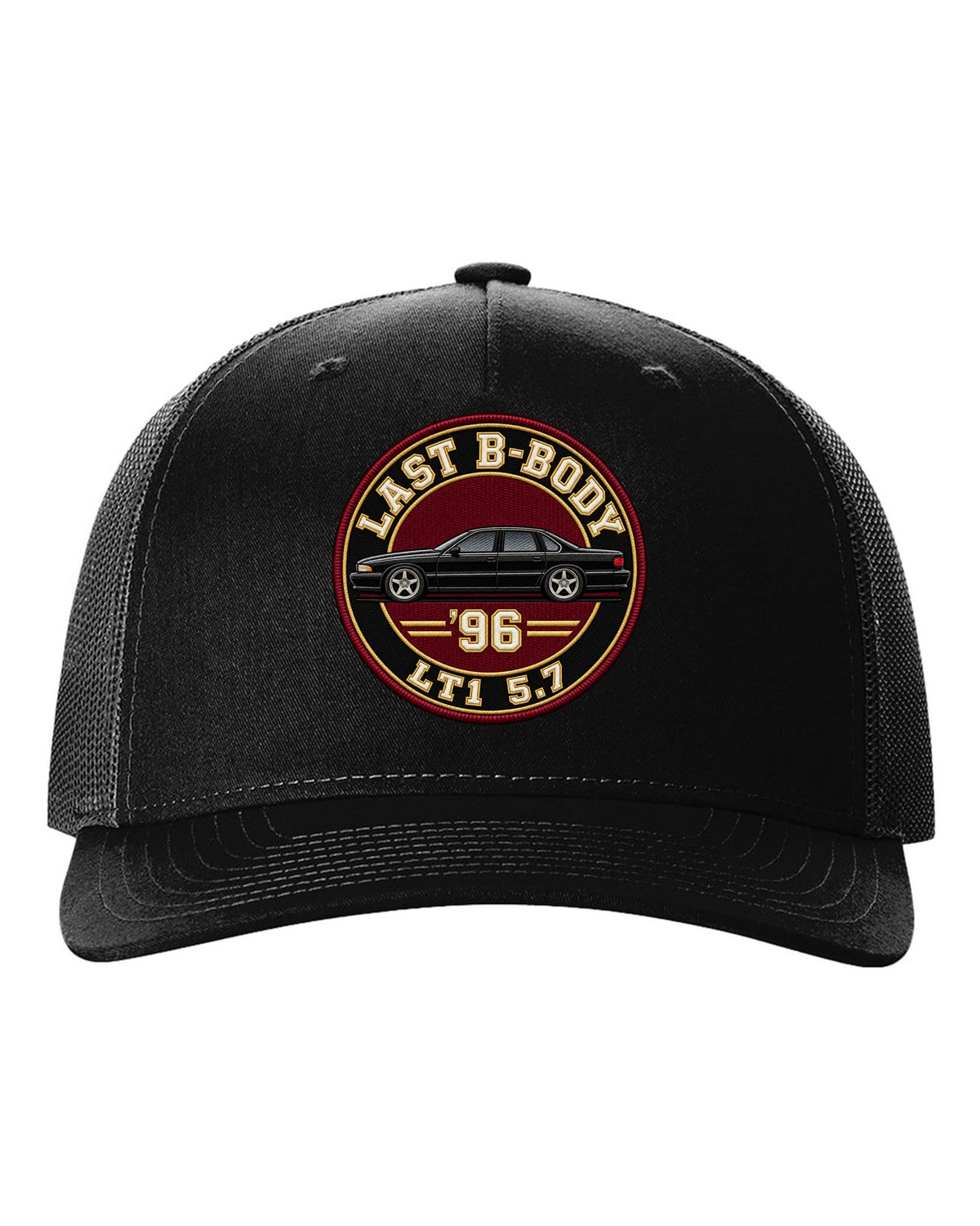 Varsity crest print for the 1996 Chevrolet Impala SS reading Last B-Body, '96, LT1 5.7 black hat front view with the design