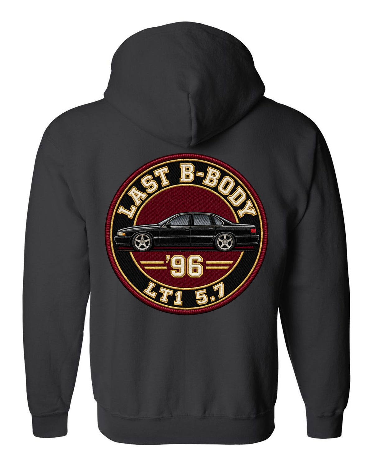 Varsity crest print for the 1996 Chevrolet Impala SS reading Last B-Body, '96, LT1 5.7 black zip hoodie back view with the design