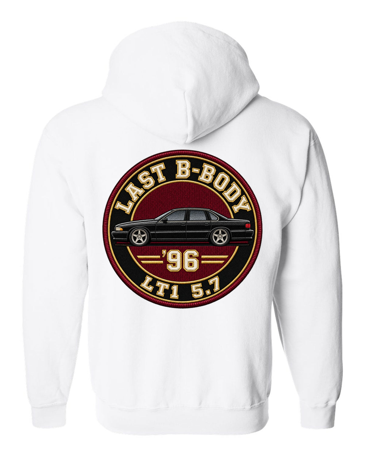 Varsity crest print for the 1996 Chevrolet Impala SS reading Last B-Body, '96, LT1 5.7 white zip hoodie back view with the design
