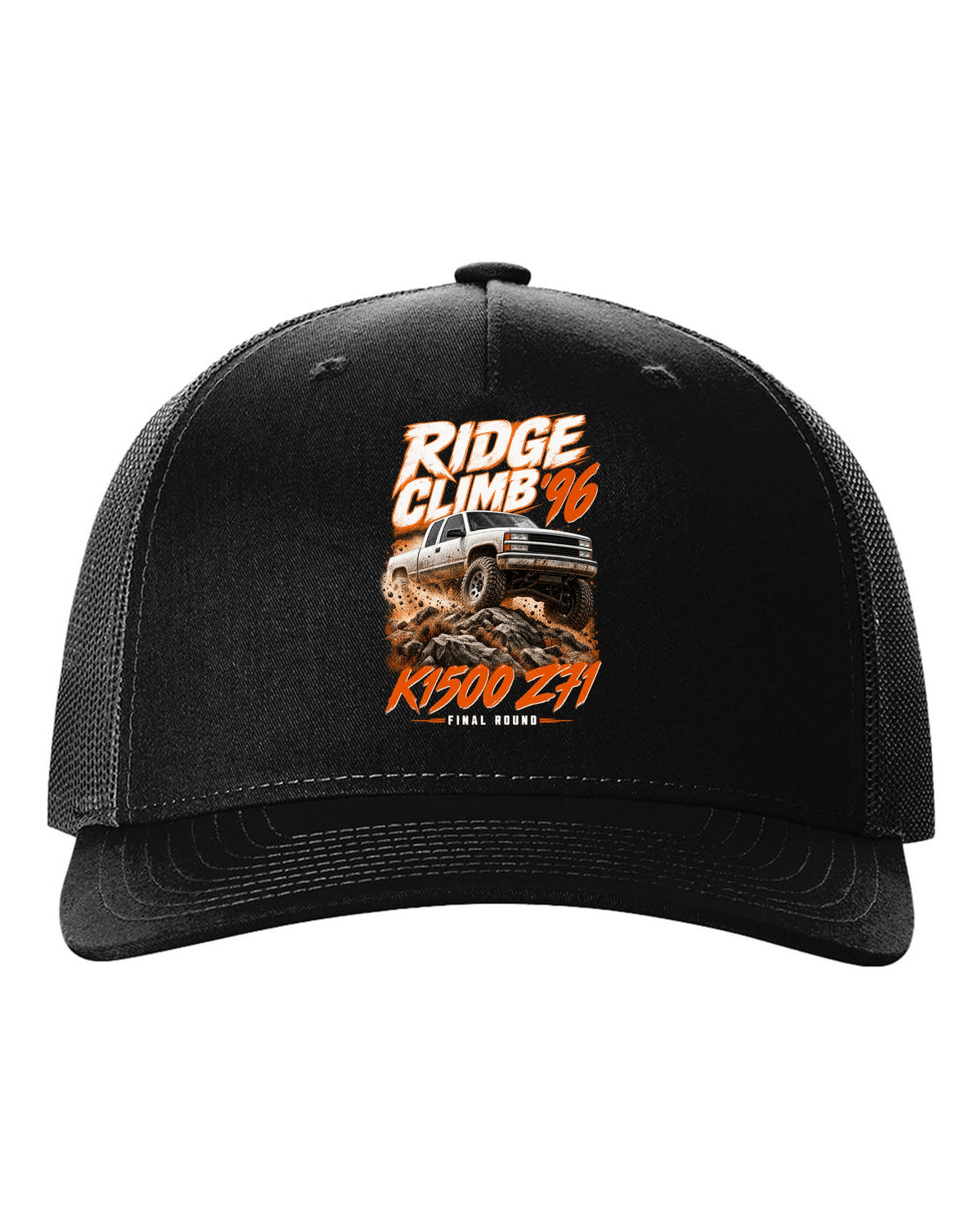 1996 Chevy K1500 Z71 OBS Ridge Climb race poster print black hat front view with the design