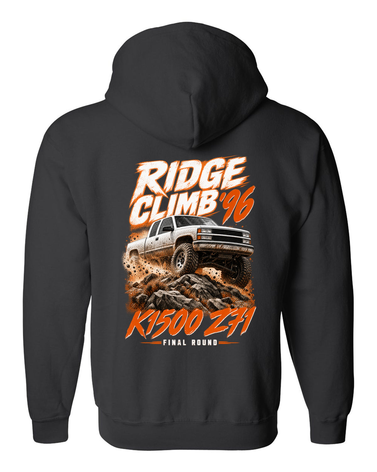 1996 Chevy K1500 Z71 OBS Ridge Climb race poster print black zip hoodie back view with the design