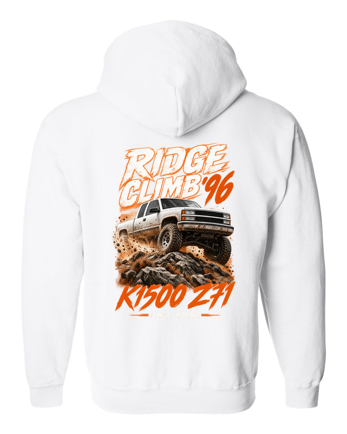 1996 Chevy K1500 Z71 OBS Ridge Climb race poster print white zip hoodie back view with the design