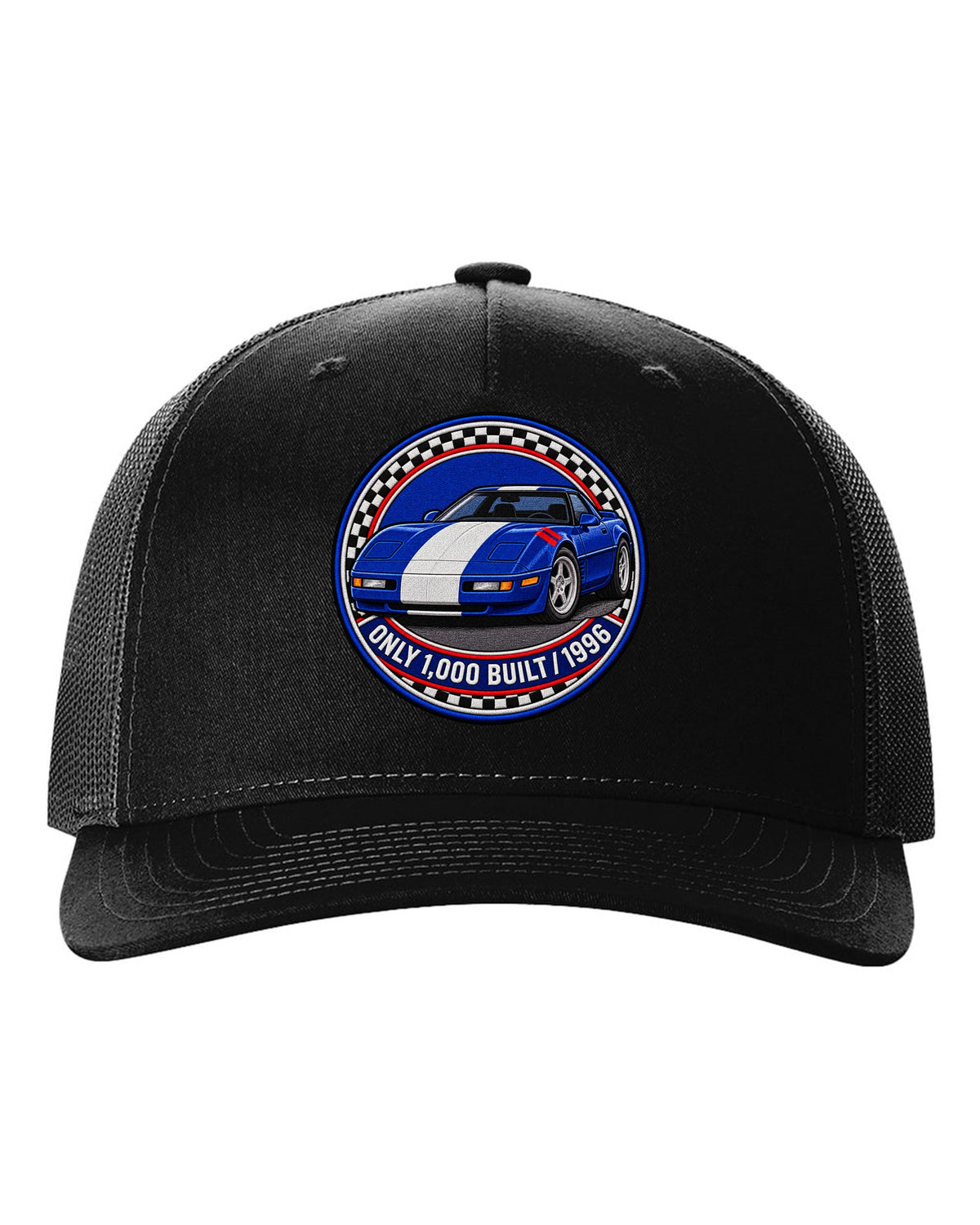 Embroidery style varsity crest print of a 1996 Chevrolet Corvette C4 Grand Sport with Only 1,000 Built text black hat front view with the design