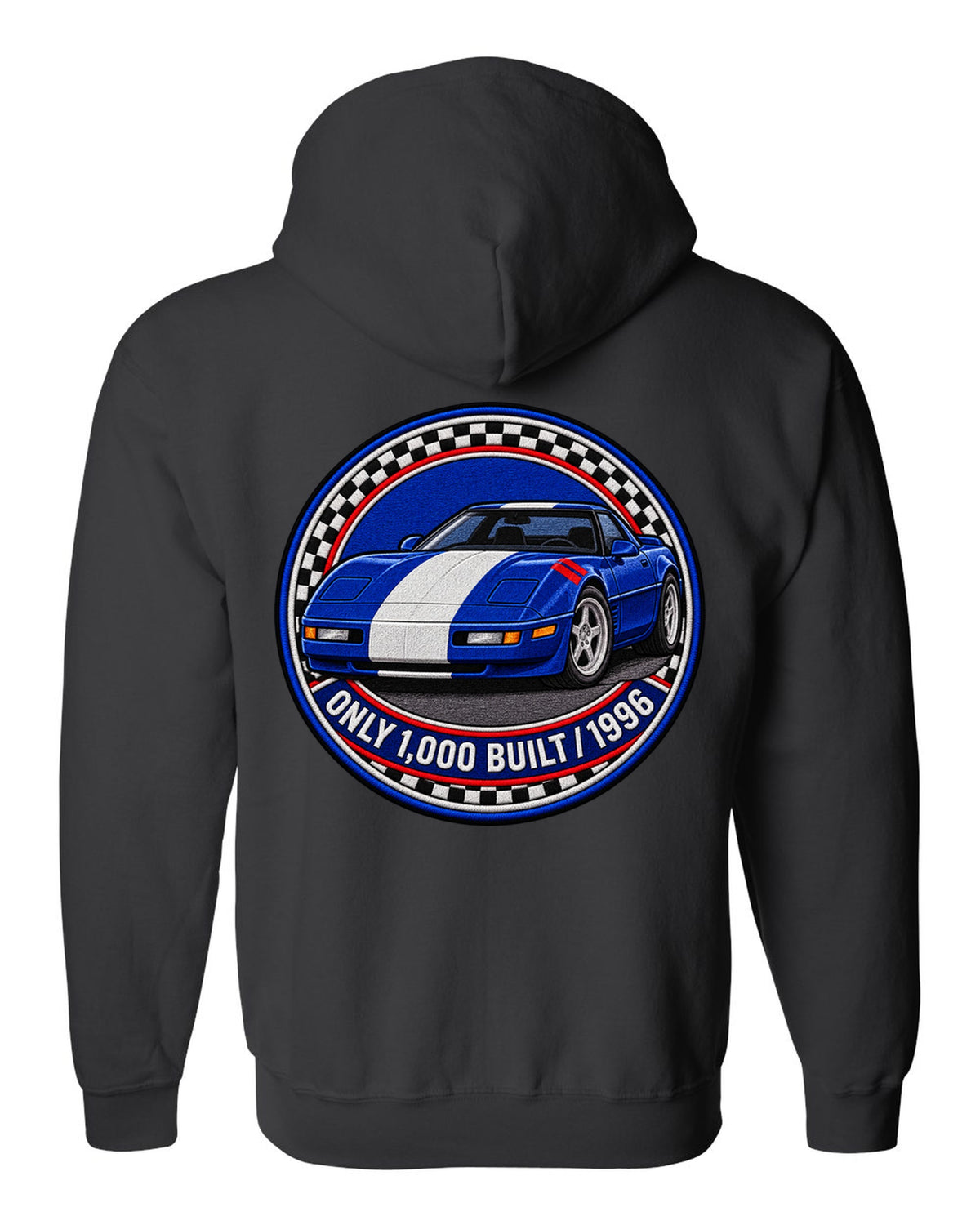Embroidery style varsity crest print of a 1996 Chevrolet Corvette C4 Grand Sport with Only 1,000 Built text black zip hoodie back view with the design