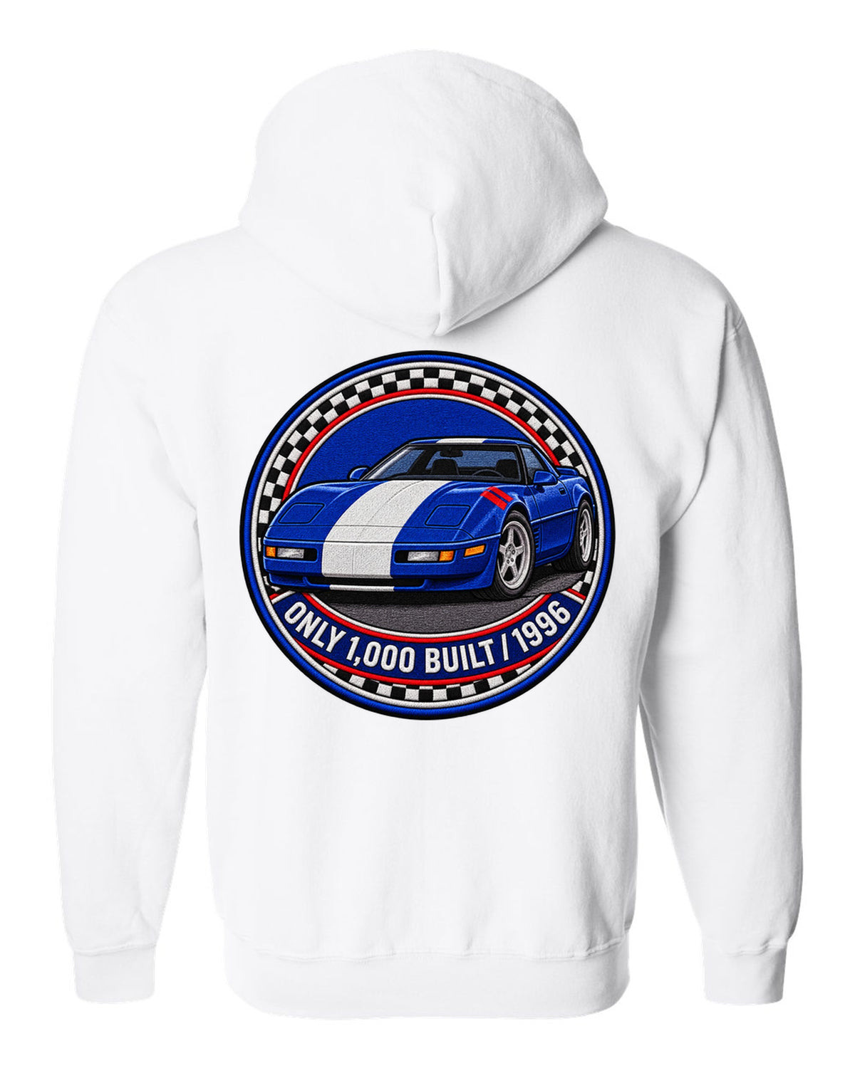Embroidery style varsity crest print of a 1996 Chevrolet Corvette C4 Grand Sport with Only 1,000 Built text white zip hoodie back view with the design