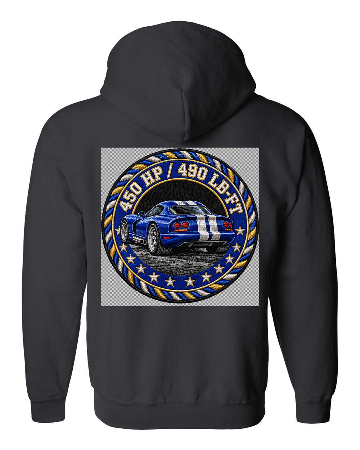 Blue embroidered varsity crest design for a 1996 Dodge Viper GTS SR II black zip hoodie back view with the design