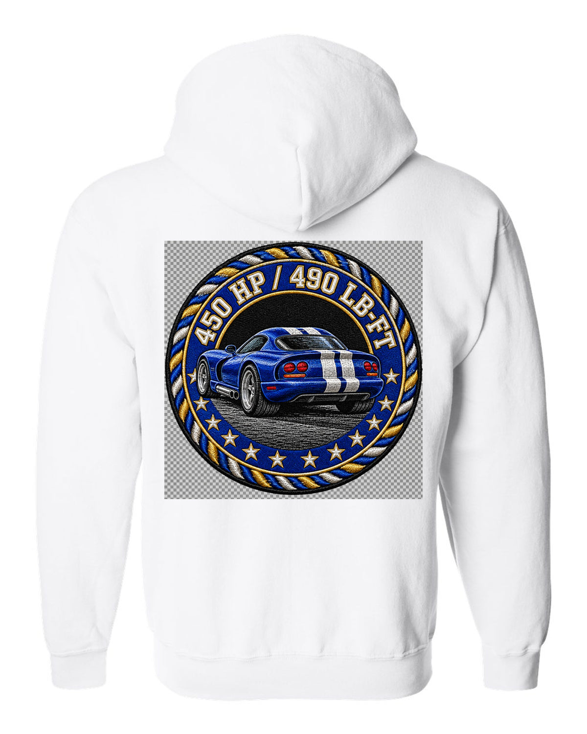 Blue embroidered varsity crest design for a 1996 Dodge Viper GTS SR II white zip hoodie back view with the design