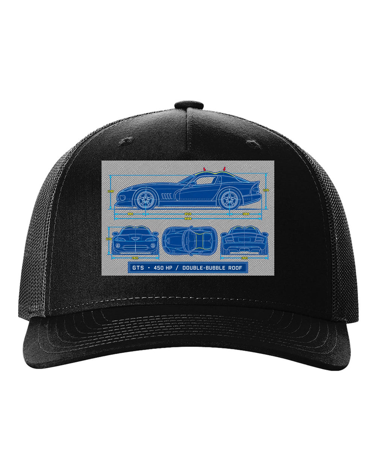 Cyanotype blueprint print of a 1996 Dodge Viper GTS SR II with double-bubble roof text black hat front view with the design