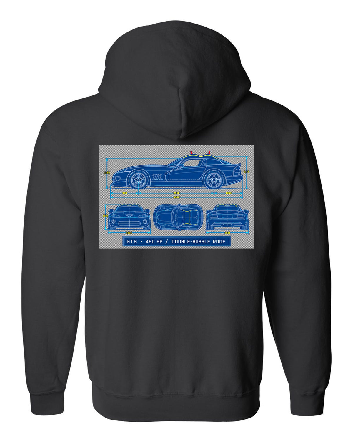 Cyanotype blueprint print of a 1996 Dodge Viper GTS SR II with double-bubble roof text black zip hoodie back view with the design