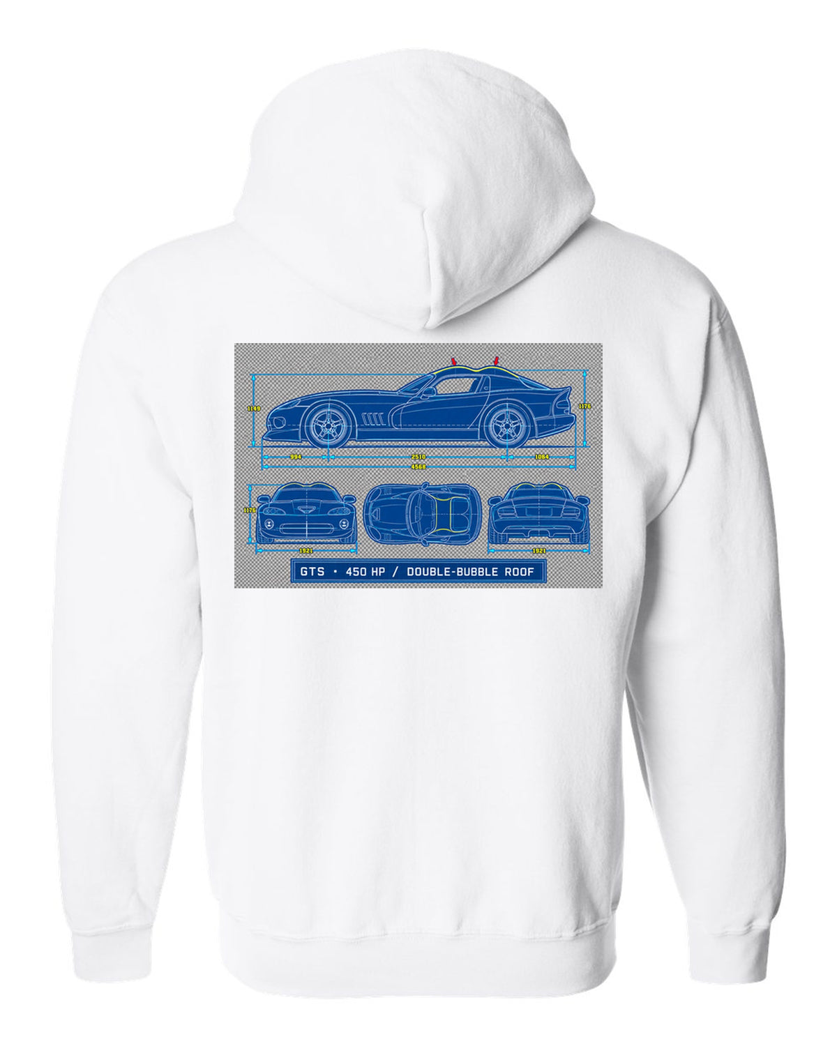 Cyanotype blueprint print of a 1996 Dodge Viper GTS SR II with double-bubble roof text white zip hoodie back view with the design