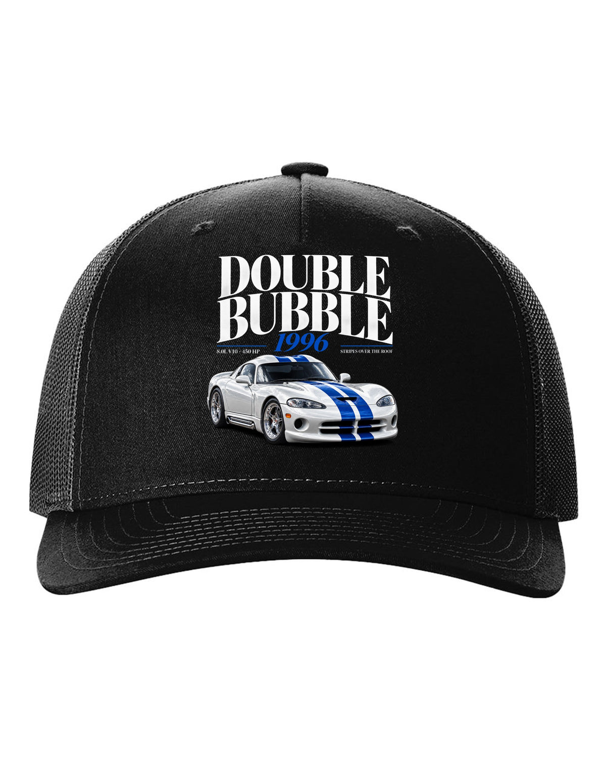 Editorial headline print of a 1996 Dodge Viper GTS SR II with double bubble and 8.0L V10 text black hat front view with the design