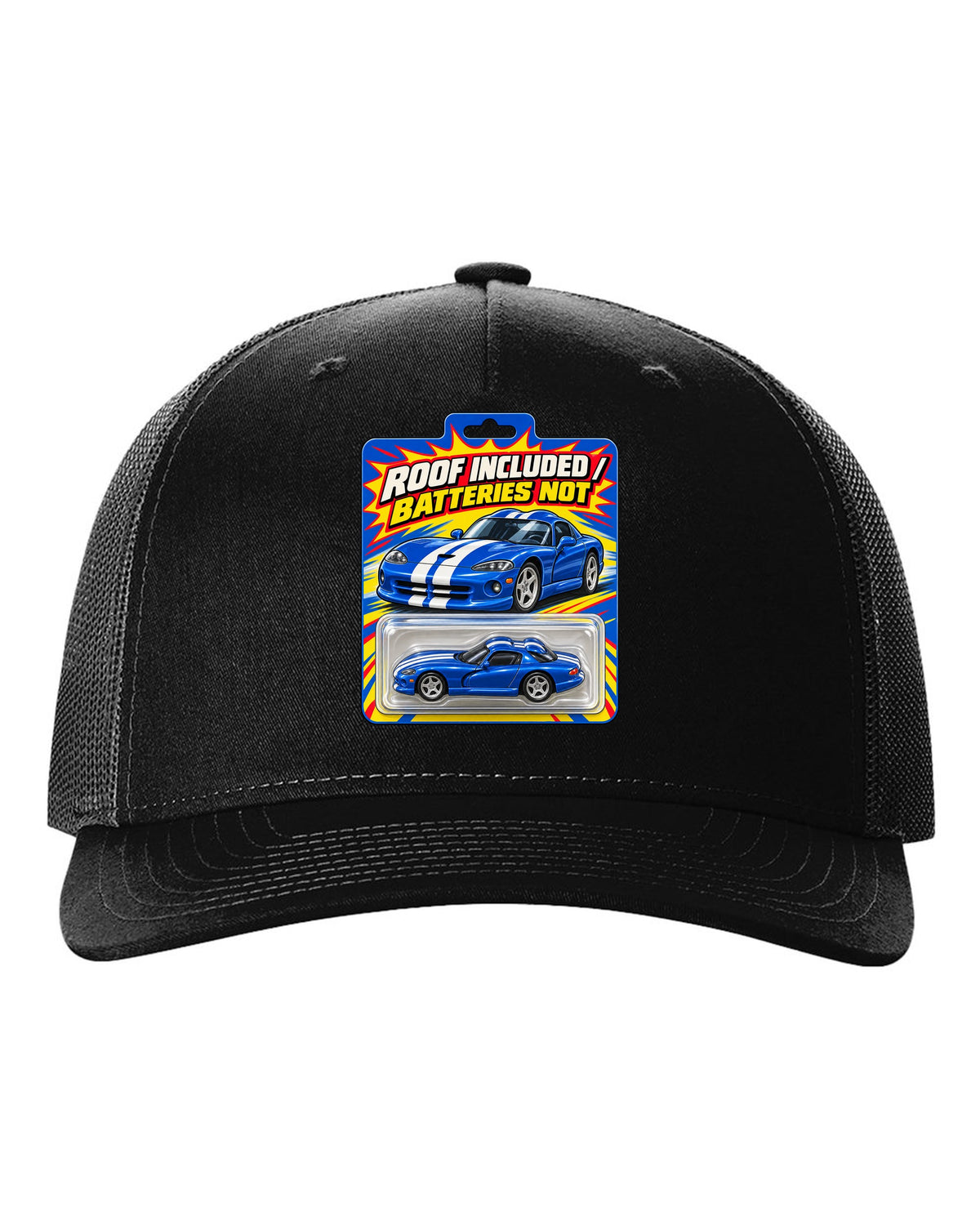 Toy blister-card layout featuring a 1996 Dodge Viper GTS SR II with roof included joke text black hat front view with the design
