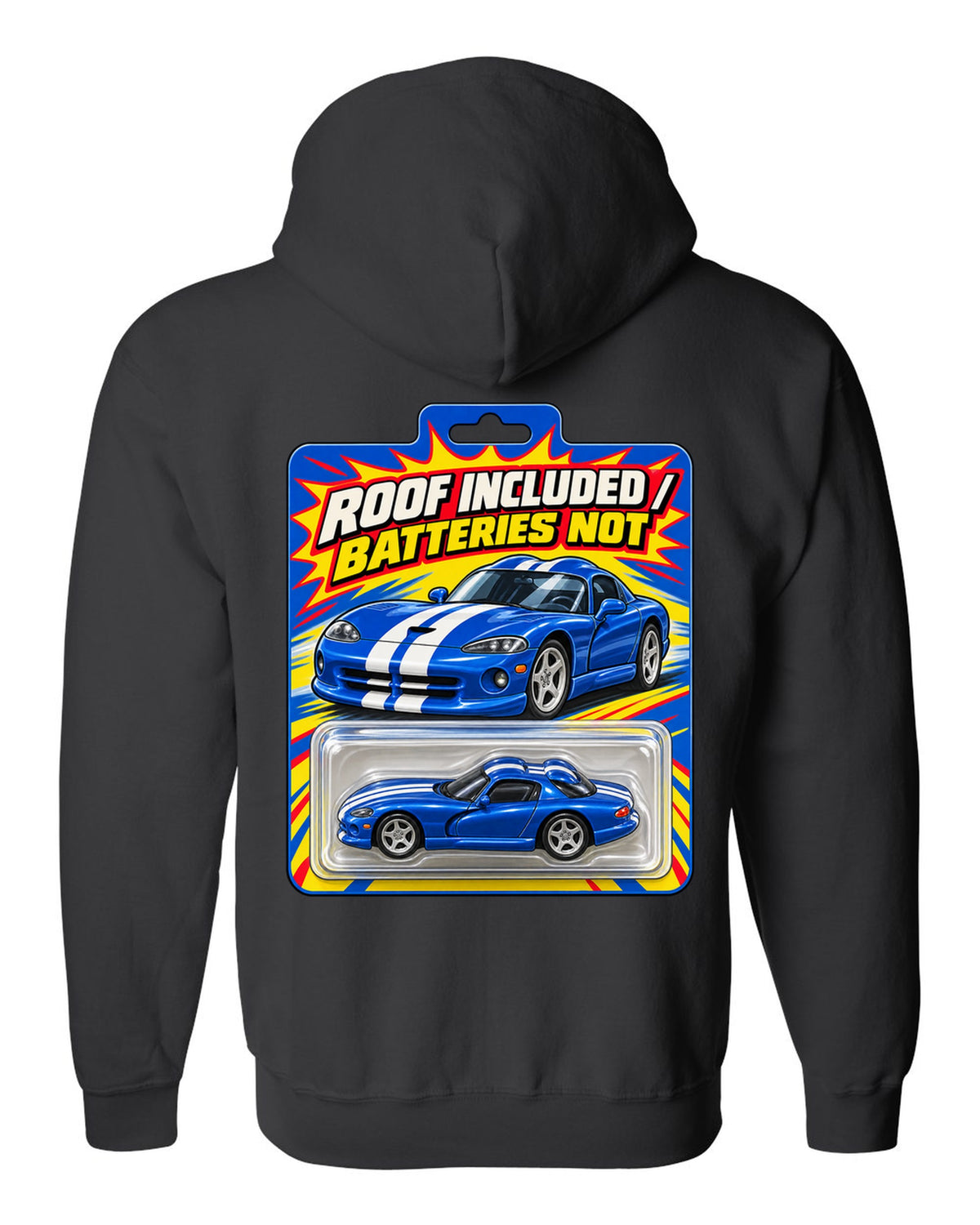Toy blister-card layout featuring a 1996 Dodge Viper GTS SR II with roof included joke text black zip hoodie back view with the design