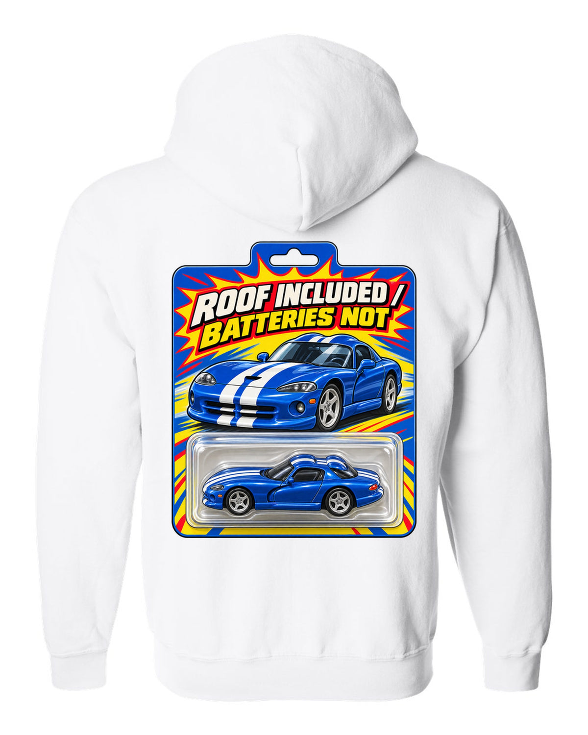 Toy blister-card layout featuring a 1996 Dodge Viper GTS SR II with roof included joke text white zip hoodie back view with the design