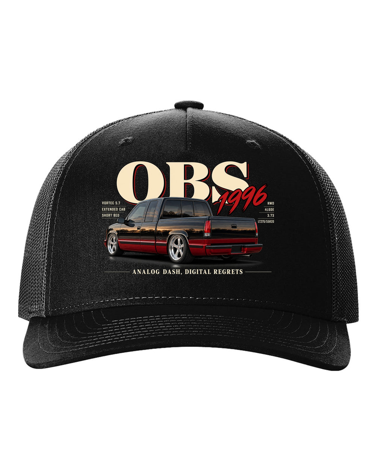 1996 OBS Chevy C1500 extended cab editorial headline print black hat front view with the design