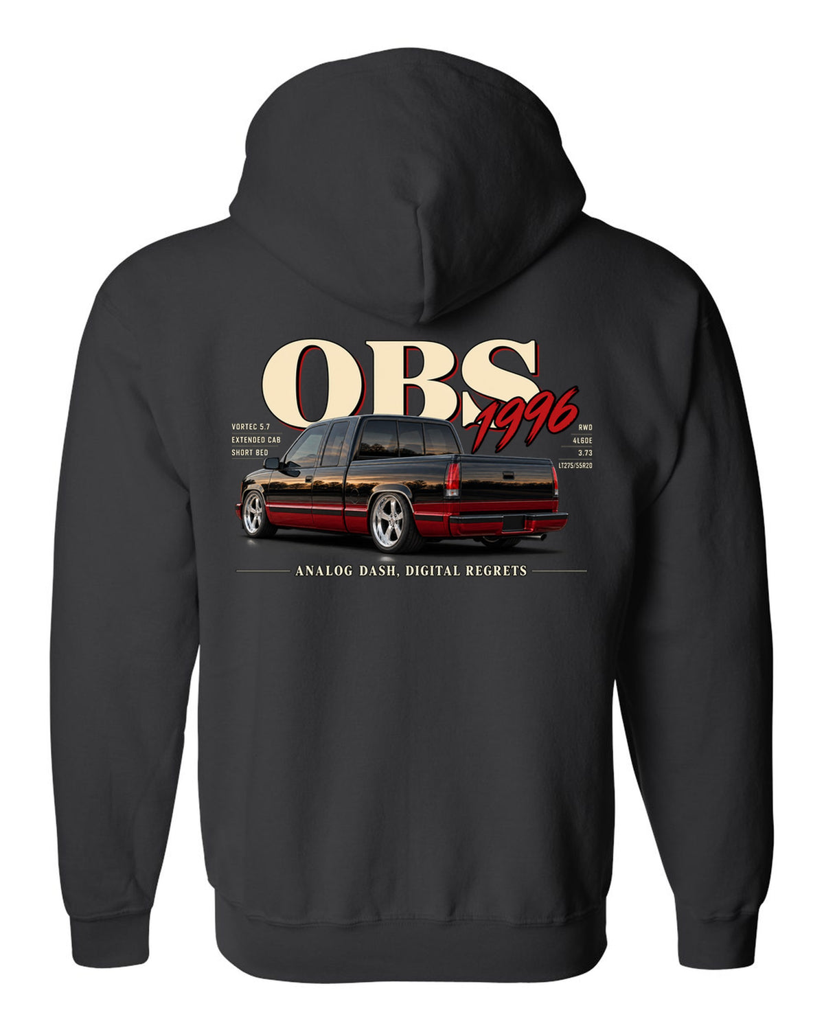 1996 OBS Chevy C1500 extended cab editorial headline print black zip hoodie back view with the design