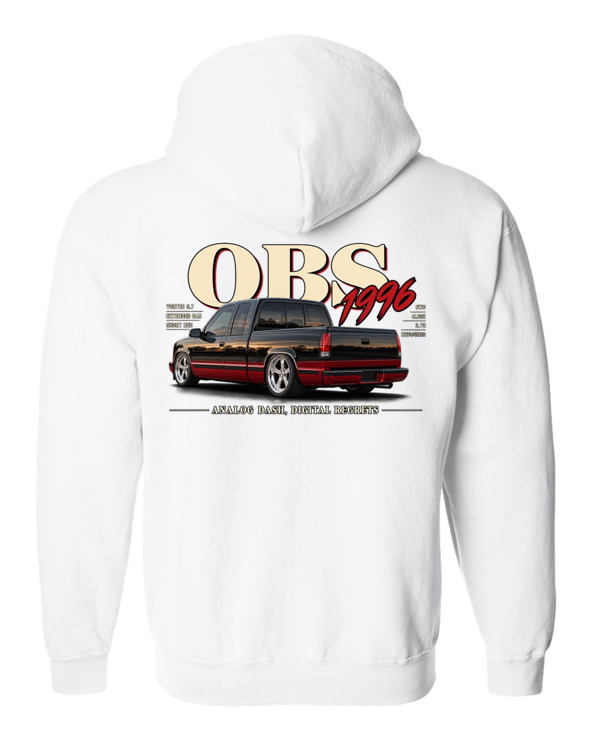 1996 OBS Chevy C1500 extended cab editorial headline print white zip hoodie back view with the design