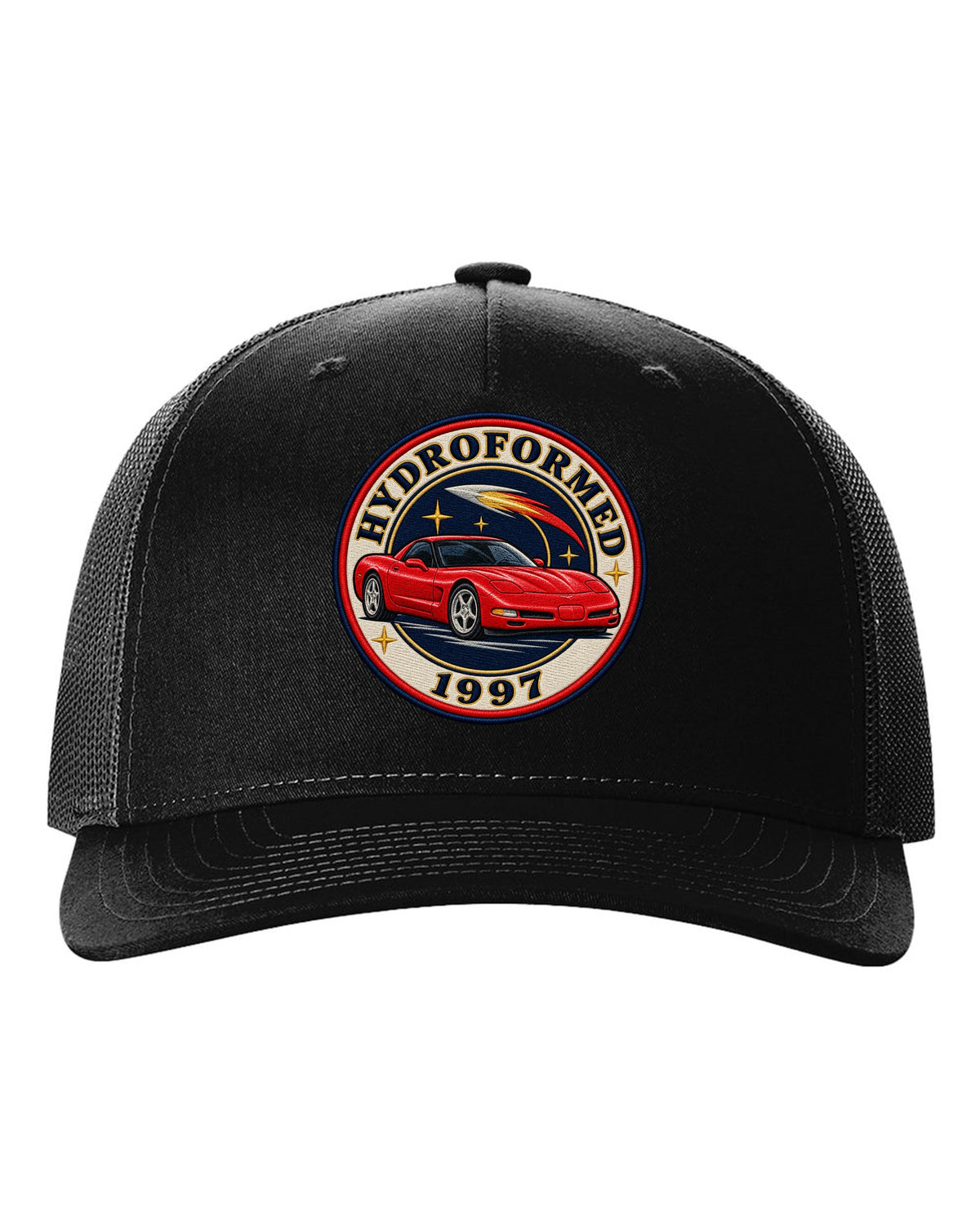 Embroidery style varsity crest print of a 1997 Chevrolet Corvette C5 coupe with Hydroformed text black hat front view with the design
