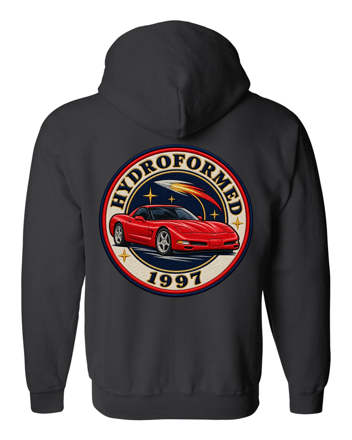 Embroidery style varsity crest print of a 1997 Chevrolet Corvette C5 coupe with Hydroformed text black zip hoodie back view with the design