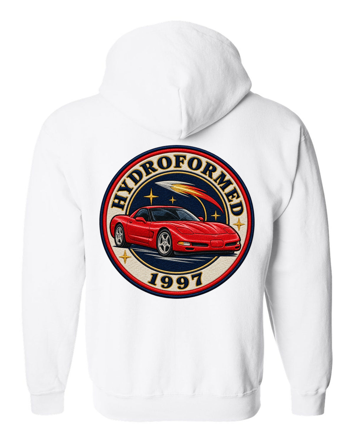 Embroidery style varsity crest print of a 1997 Chevrolet Corvette C5 coupe with Hydroformed text white zip hoodie back view with the design