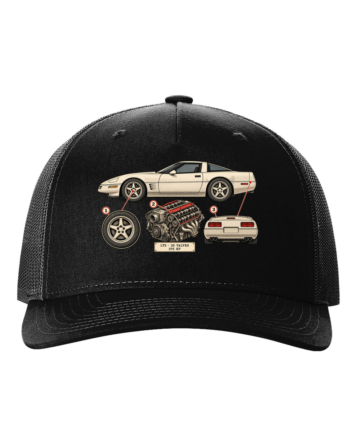 Neon HUD wireframe print of a 1997 Chevrolet Corvette C5 coupe with LT5 32 valves 375 HP lettering black hat front view with the design