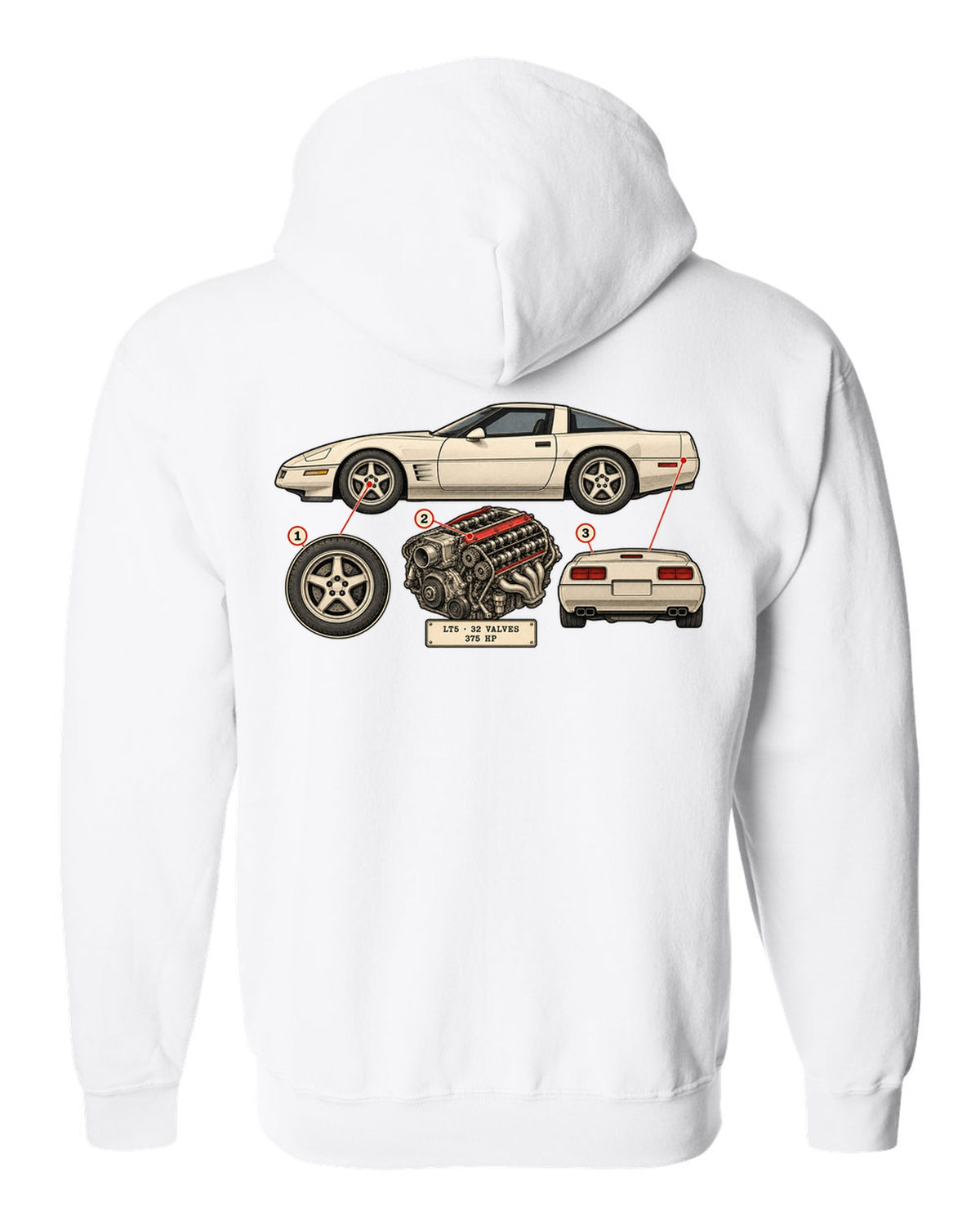 Neon HUD wireframe print of a 1997 Chevrolet Corvette C5 coupe with LT5 32 valves 375 HP lettering white zip hoodie back view with the design