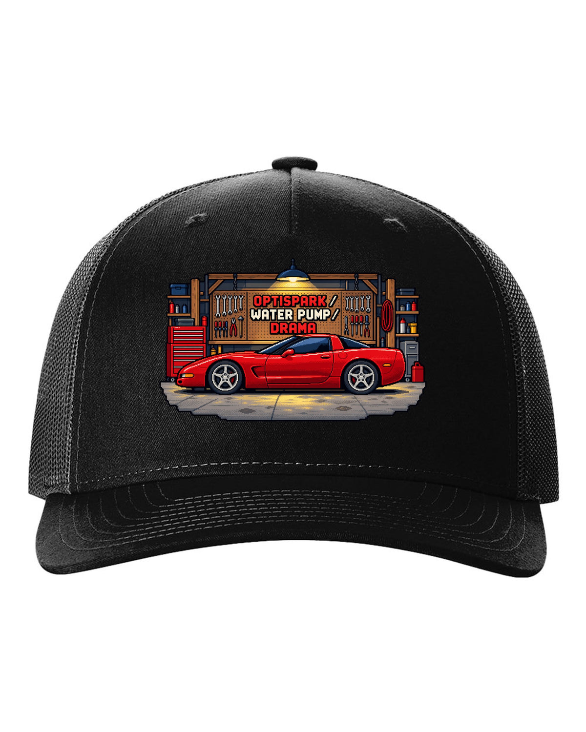 Pixel art print of a 1997 Chevrolet Corvette C5 coupe with Optispark Water Pump Drama text black hat front view with the design
