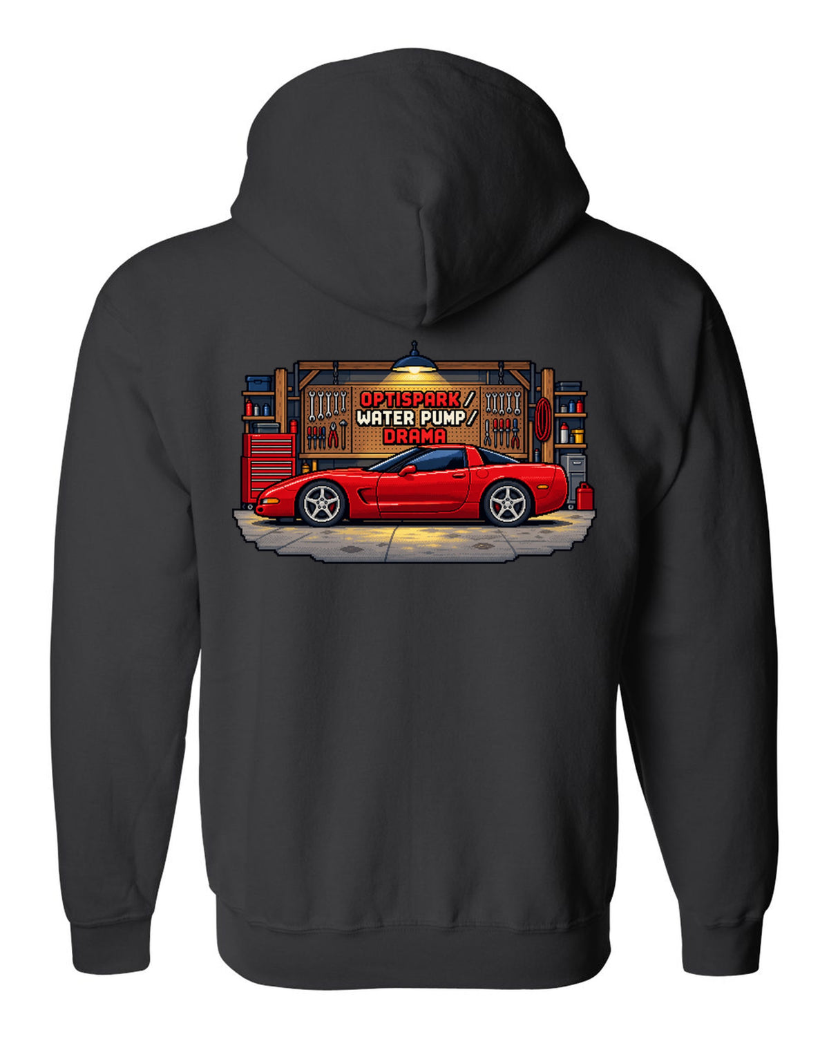 Pixel art print of a 1997 Chevrolet Corvette C5 coupe with Optispark Water Pump Drama text black zip hoodie back view with the design