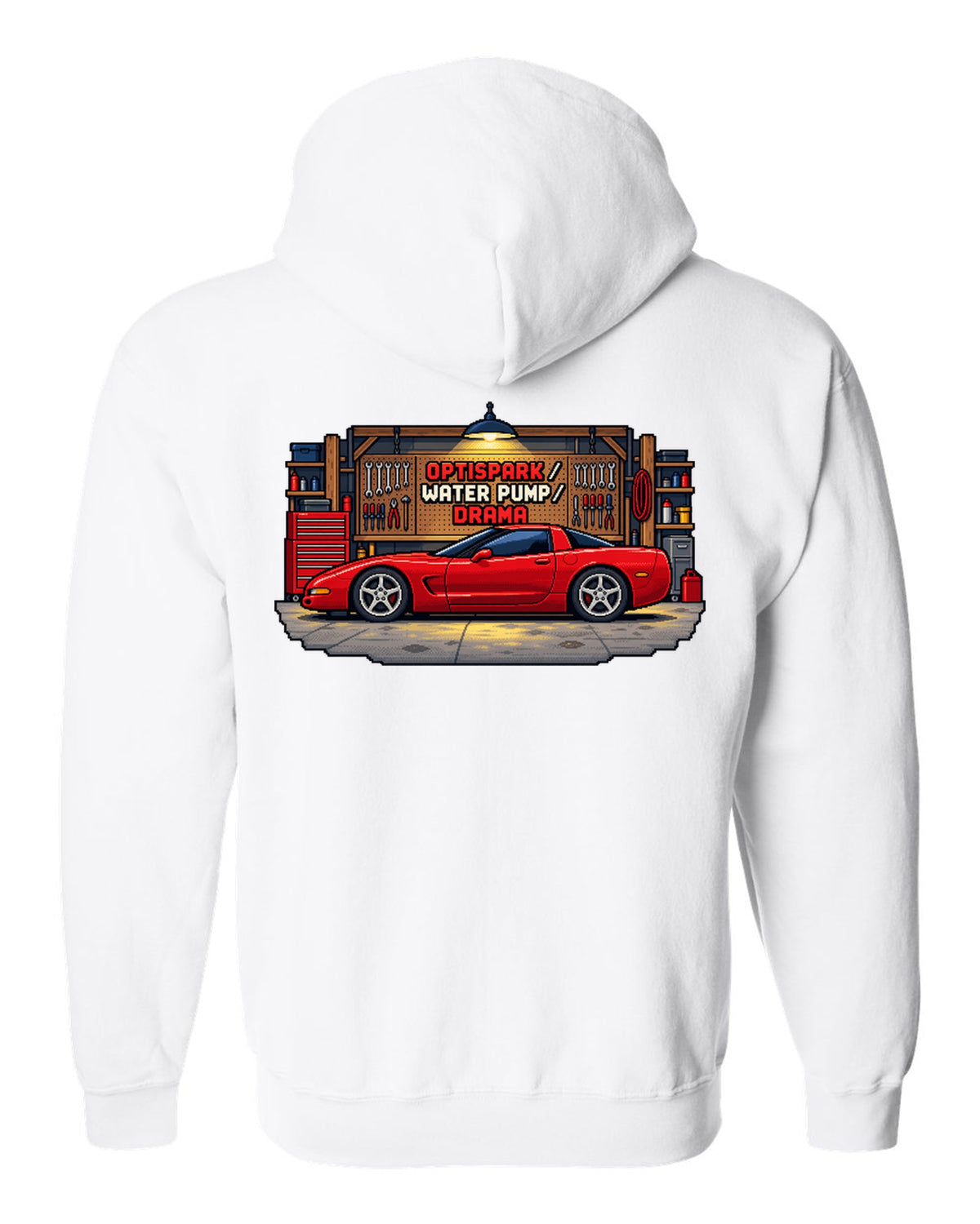 Pixel art print of a 1997 Chevrolet Corvette C5 coupe with Optispark Water Pump Drama text white zip hoodie back view with the design